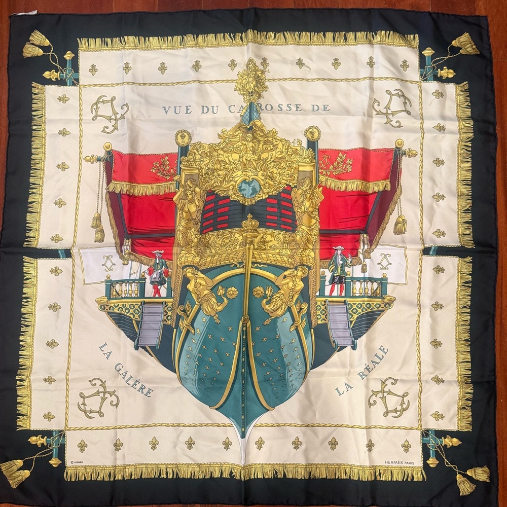 HERMES “VUE DU CARROSSE DE LA GALERE LA REALE” SILK SCARF WITH COA